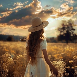 Girl in Floral Dress Standing in Field on Sunny Day