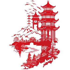 中国剪纸，一半是中国建筑，另一半是山川河流，两个结合到一起，平面，单层，矢量剪影，无阴影，