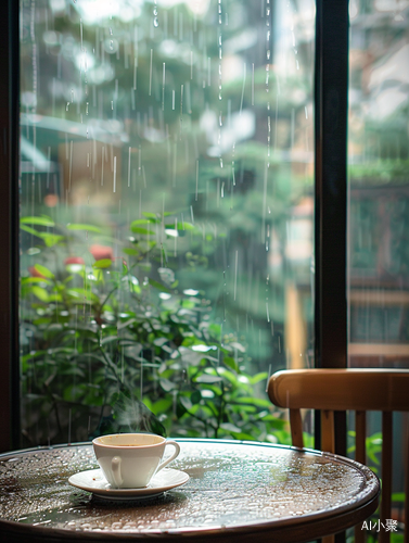 室内圆形茶桌上的咖啡杯与小雨景观