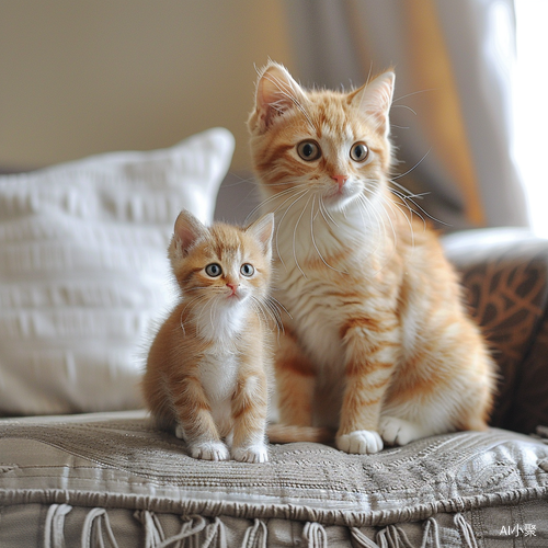 Adorable Orange and White Cat with Kitten on Sofa