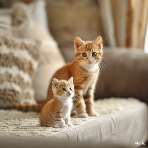 Adorable Orange and White Cat with Kitten on Sofa