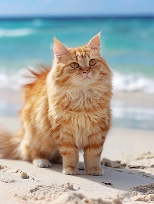 Adorable orange cat on sunny beach