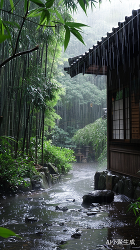 雨中竹林木屋旁小河