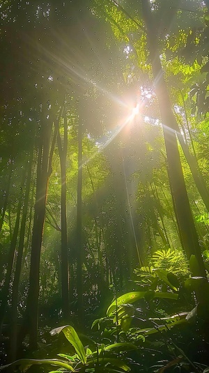 茂密的森林，树木参天，阳光透过树叶洒下温暖的光芒。,丁达尔光照,中景镜头,夏天