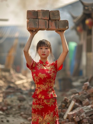 中国女孩，美丽，丰满，旗袍，搬起砖头，大汗淋漓，真是背景，建筑工地，写实，大师级摄影作品，细节精细，最佳质量，现实主义