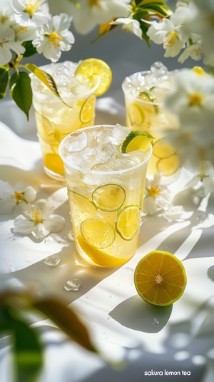 Editorial photograph of a luxury drink "sakura lemon tea",in plastic cups,more ice,more lime slices in the cup,white background with sakura blossom ar 9:16 stylize 250 v 6