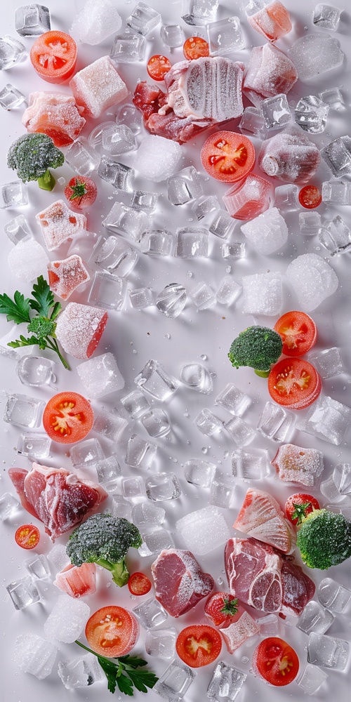 Frozen vegetables in ice cubes. composition with empty center. chunks of ice and meat around. On the white background. 比例 9:16 version 基础V2 风格化 100 慢速