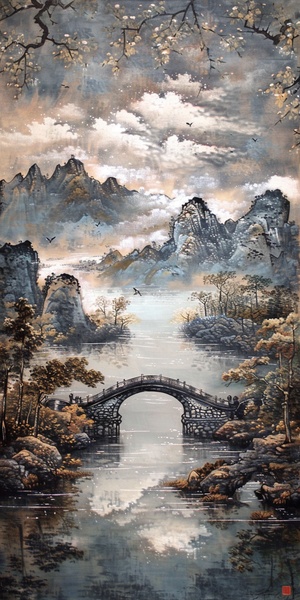 一幅典型的江南风光画，画面中一条碧波荡漾的小溪流过，两旁是茂密的树林和损坏的古桥。湖面上飘着几朵白云，倒影在水上。远处是一座远山，山水相依，景色如诗如画。这幅画采用了传统的中国水墨画技法，画面清新脱俗，给人一种安宁和舒适的感觉。