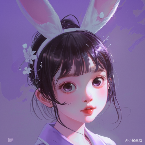 紫色背景中的兔耳女孩，可爱大眼初中生