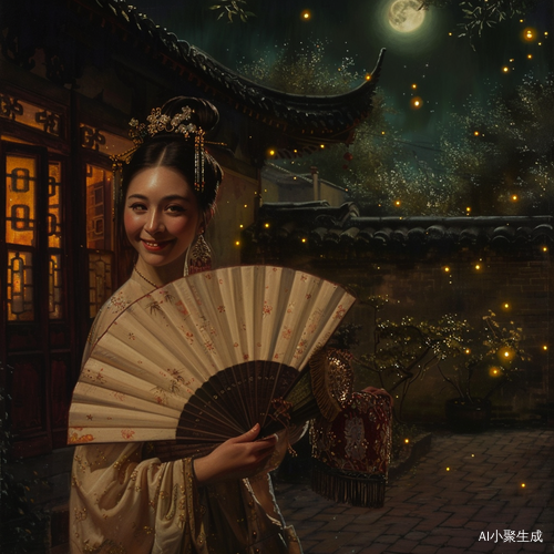 庭院月夜，古装女子调皮笑
