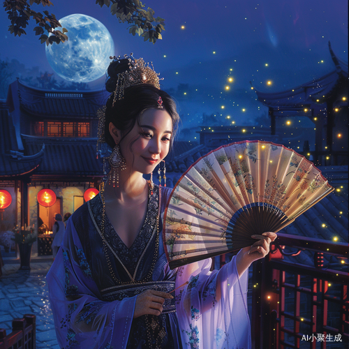 庭院月夜，古装女子调皮笑