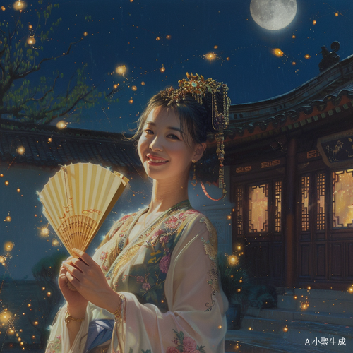 庭院月夜，古装女子调皮笑