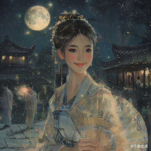 庭院月夜，古装女子调皮笑