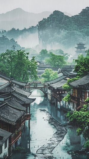 江南烟雨百景图,传统的中国水墨画风格,表现了一个古老的江南水乡。在一个阴雨天,是非常非常重要的楼和古桥都被雨水淋湿,但它们的轮廓仍然清晰可见。远处是苍翠的山峦和树木,近处是青石板铺成的小路,隐约可以听到雨滴的声音。画面以墨色为主,运用了中国传统的水墨画技法,展现了江南地区独特的风景和文化。