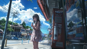 A girl is standing in front of a convenience store with an ice cream in her hand, waiting for the bus. She is wearing a dress, summer, sunny, Japanese anime style, distant view