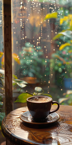 室内圆形茶桌上的咖啡杯和细雨景致