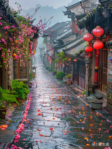 细雨中的江南古镇