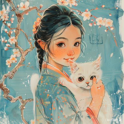 中国女孩与白猫的漫画风格