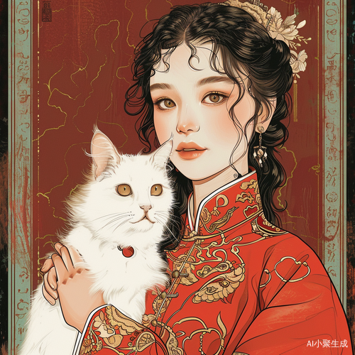 中国女孩与白猫的漫画风格