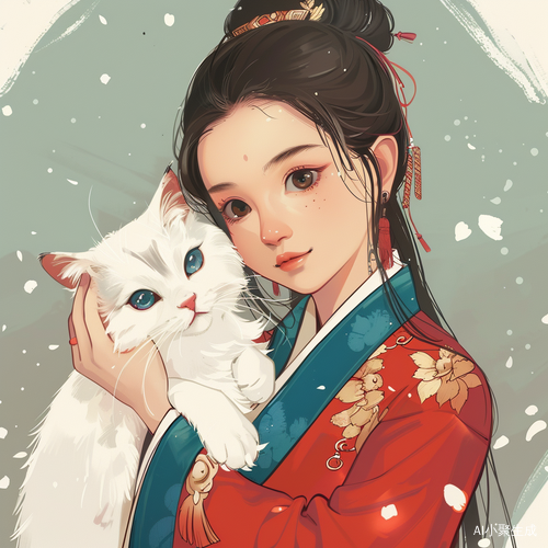 中国女孩与白猫的漫画风格