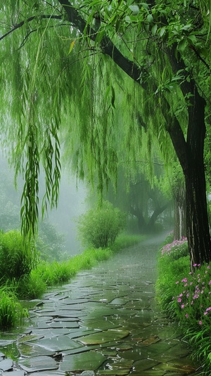 下雨天，一棵绿色细高的小柳树，柳枝垂挂，旁边一条石板小路，小路边长满了绿色的小草和小花，有一种雾蒙蒙的感觉，绿的颜色要淡一点