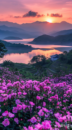 Dreamlike Sunset: Pink Roses, Green Hills, and Quiet Lakes