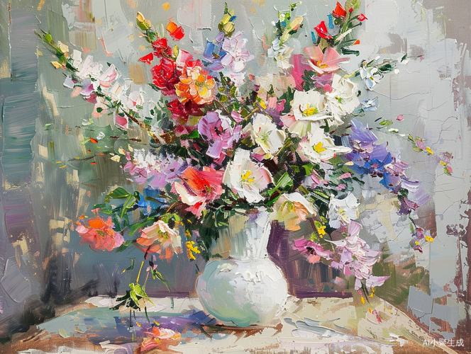 白色花瓶装花油画印象派风格