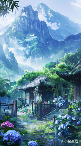 山后竹林 房前绣球花 栅栏院子 门口小河