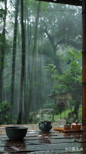 下雨天的竹林小屋，茶香四溢，治愈安心