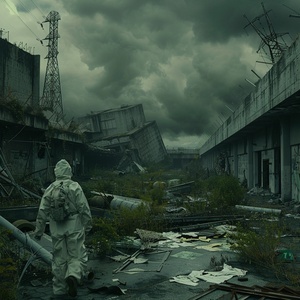 movie still, Fukushima Nuclear Power Plant, ruins, mutated creature, collapsed debris, dystopian atmosphere, radiation signs, overgrown foliage, abandoned facility, hazardous environment, post-apocalyptic, contaminated zone, eerie, desolate landscape, dark sky, cinematic lighting, sci-fi, rusted metal structures, broken concrete, survival theme, biohazard suit, gas mask, ominous clouds, glowing eyes, monstrous form, science fiction, environmental disaster, Japanese text, emergency vehicles, scattered papers