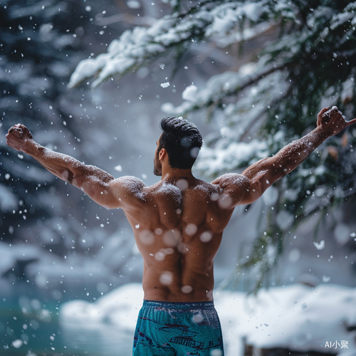 雪地肌肉男人张臂远眺真实感商业摄影