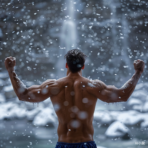 雪地肌肉男人张臂远眺真实感商业摄影