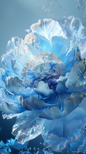 Masterpiece, masterpiece, crystal blue peony, ice like, crystal clear, octane rendering, lighting art, low light photography, light particles, texture, complete details, ultra-high resolution, dreamy, bright and elegant colors, 32k, Chinese style, Crystal Blue