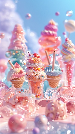 3D miniature landscape, Dream Summer ice cream party, ice cream of all colors and flavors, pink, blue and orange, happy mini children enjoying sweet ice cream, colorful, glassy, transparent, dreamy fantasy realism style scene, colorful decoration, refreshing summer atmosphere, HD, fine picture quality, sparkling, translucent, Featuring axial shift photography effects and ultra-sharp details, a colorful, bold color scheme and a blurred foreground