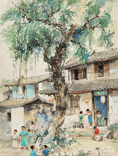 Life in Siheyuan: Children playing games, adults chatting under tree, cheerful atmosphere by Wu Guanzhong