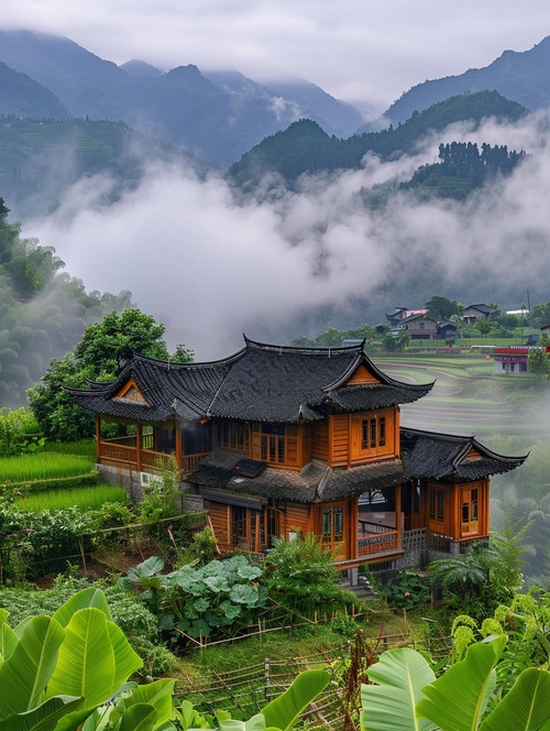 Luxurious house on the water small and compact back Surrounded by lush green rice fields In front of the house there is a bamboo terrace. and grow vegetables Whether it's kale, Chinese cabbage, cabbage, this photo was taken from a high angle, overlooking houses and lush green rice fields. mountains surrounded by fog ar 3:4