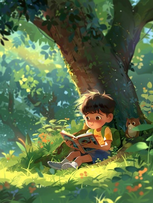 Pixar style illustration of a 4-year-old boy named Xiao Ming, with short hair, big eyes, an upturned nose, and a focused expression as he sits under a tree reading a book. His posture and gaze convey his concentration and interest in the story. Xiao Ming is dressed in his yellow T-shirt, blue shorts, white sneakers, and his green backpack is placed beside him. The setting is a serene and magical world, with the tree providing a canopy of leaves and the environment filled with the sounds of nature. The backg