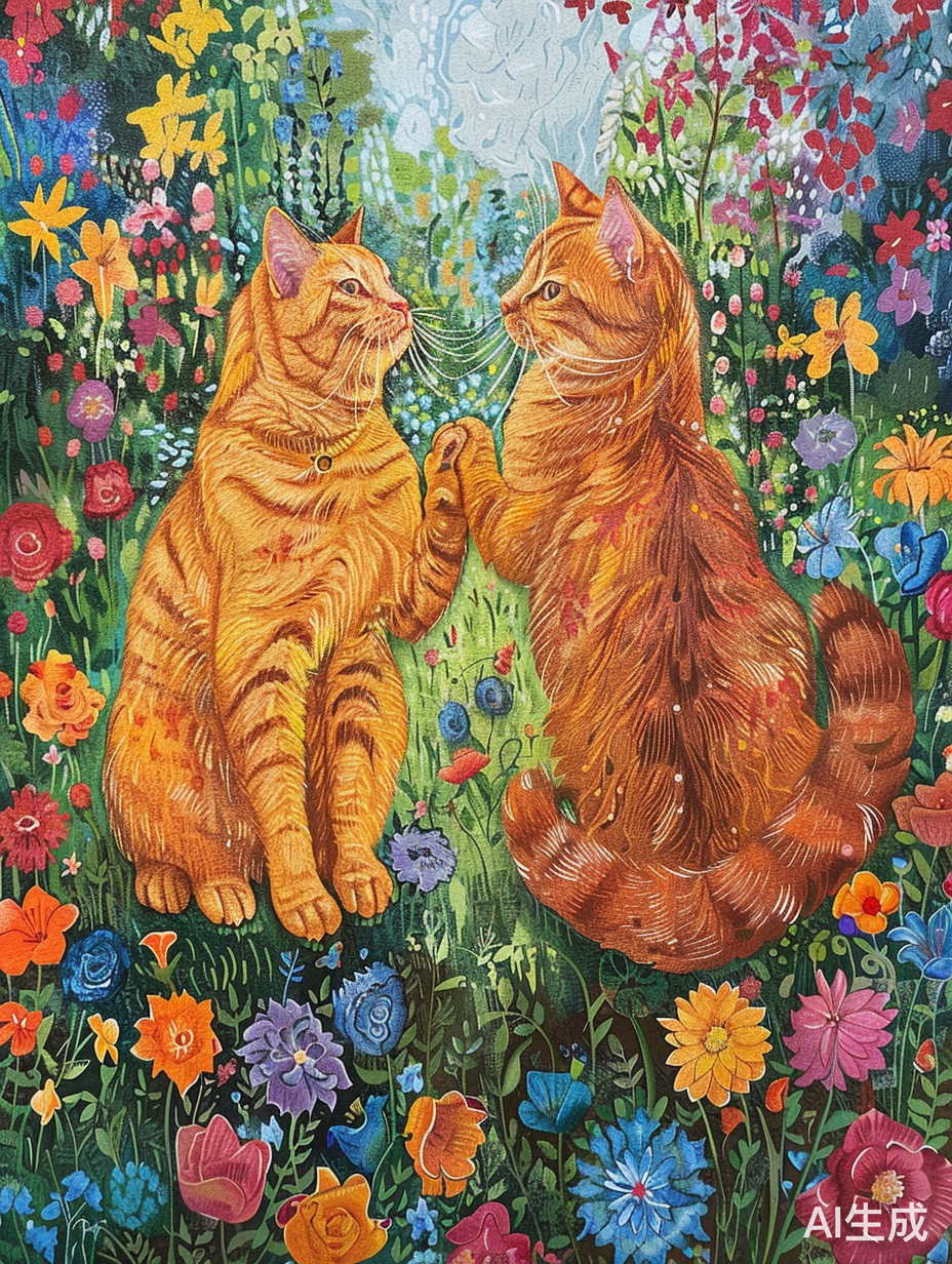 橘猫与波斯猫共赏花