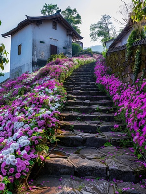 绚丽花海下的山顶江南建筑