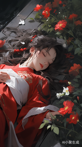 雨中古代美女受伤，红衣白衣倒地花草间