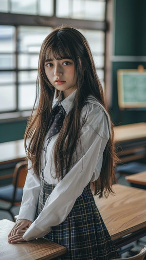 A very beautiful high school girl wearing a white short-sleeved uniform and plaid pleated skirt, with long hair and bangs hanging down slightly, standing in the classroom next to her desk, looking at the camera in a full body photo with real skin texture and super details from professional, high-definition 8K photography while in . ar 3:5