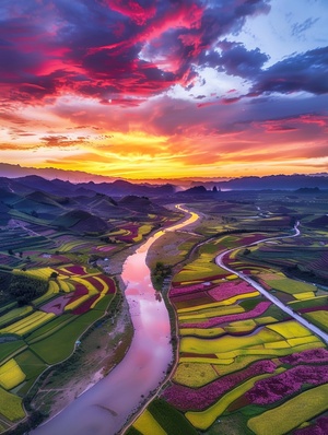 A colorful sky, the Yellow River flows into river from left to right, colorful clouds in red and yellow colors above, colorful flower fields on both sides of riverside along with winding roads, high definition photography, aerial view, high angle overhead shot perspective, high resolution, super detailed, high quality, high details, beautiful scenery, natural light, dusk, warm tones, colorful flowers blooming.