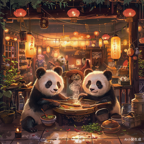 两只熊猫桌前火锅 热闹街市背景