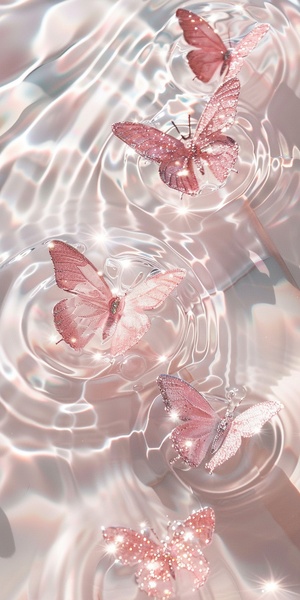 High Angle, several pink elegant delicate crystal transparent flash butterflies, floating on light white and light pink water. translucent, butterfly wings glinting, natural light, reflecting off the sparkling water, in the style of subtle soft tones, light dispersion, coke. reflection, in the style of y2k aesthetics, white and light silver and light pink, in the style of pastel fantasy, Ethereal, ethereal detail, glowing color scheme, in soft dreamy tones, sparkling, can't believe how beautiful it is