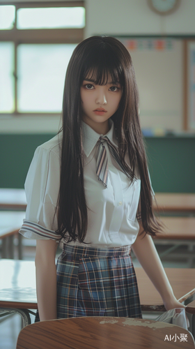 Exquisite High School Girl in White Uniform Standing in Classroom