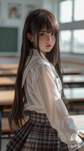 Exquisite High School Girl in White Uniform Standing in Classroom