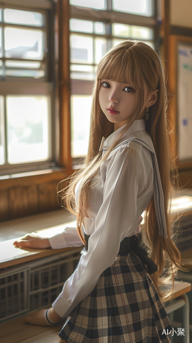 Exquisite High School Girl in White Uniform Standing in Classroom