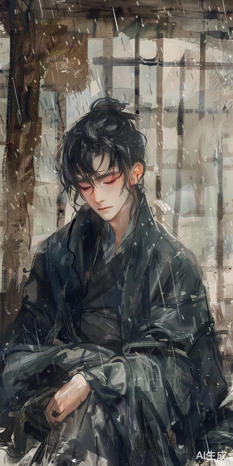 黑发男生斗篷下眼神坚毅雨中持刀