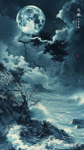 夜色明月下的春江美景