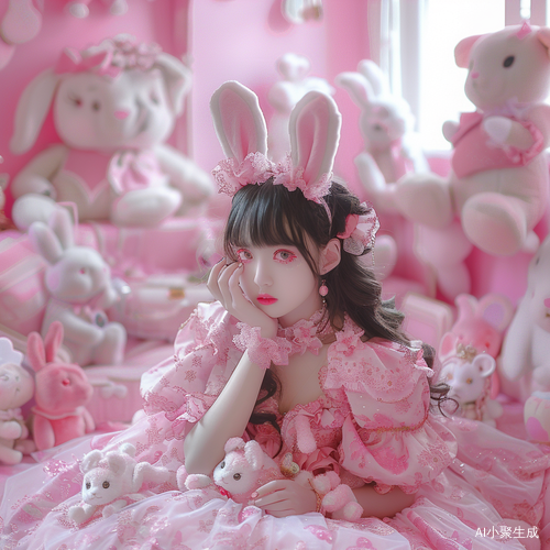 粉色兔子玩偶房间中的萌萌少女